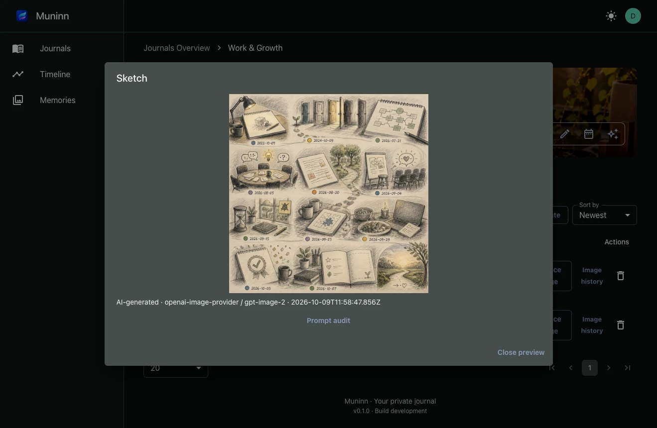 Muninn visual-memory preview showing a generated sketch with dated scenes, an AI-generated label and a Prompt audit action