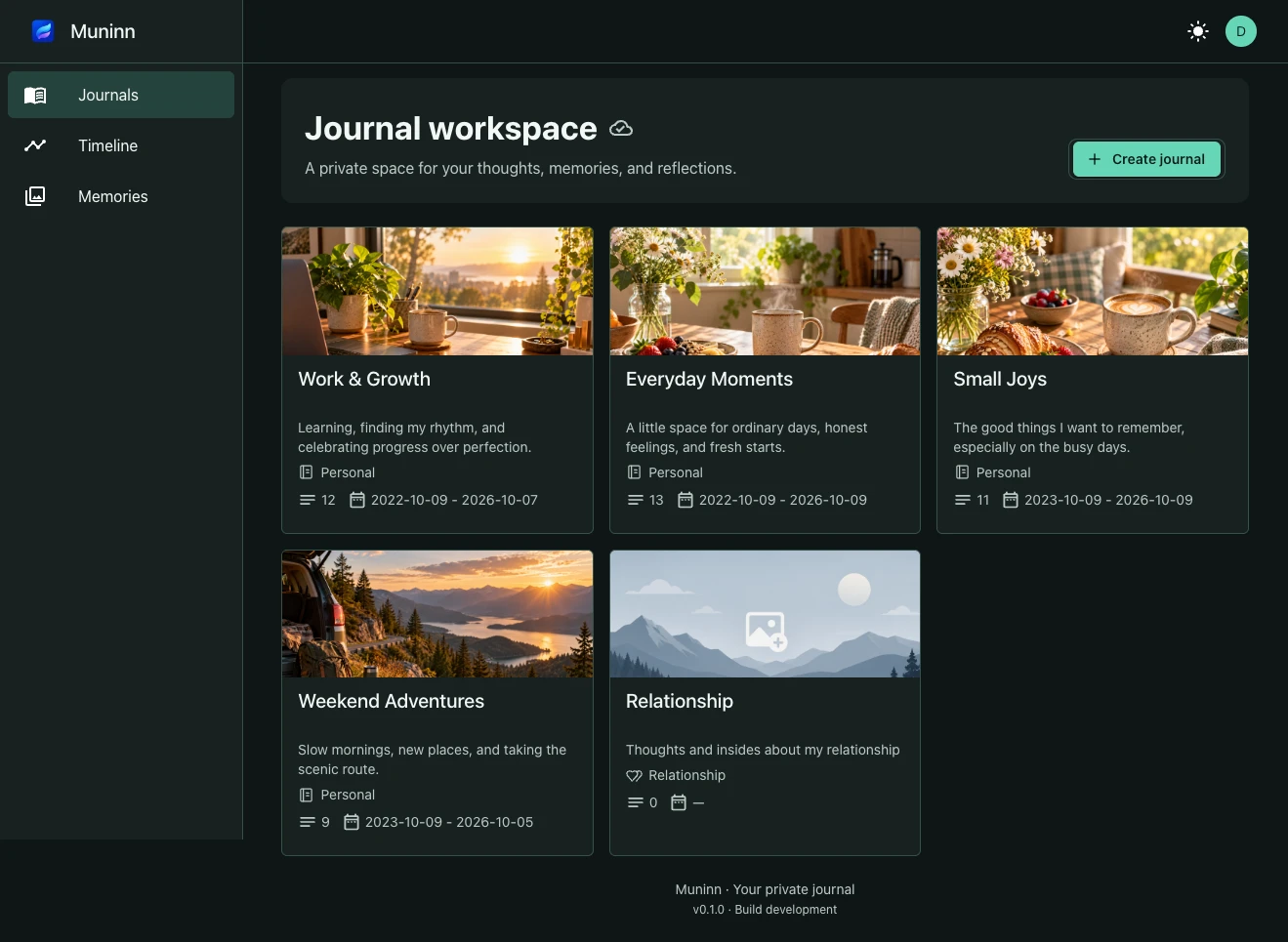 Muninn's dark-themed journal workspace with Work & Growth, Everyday Moments, Small Joys and Weekend Adventures journals