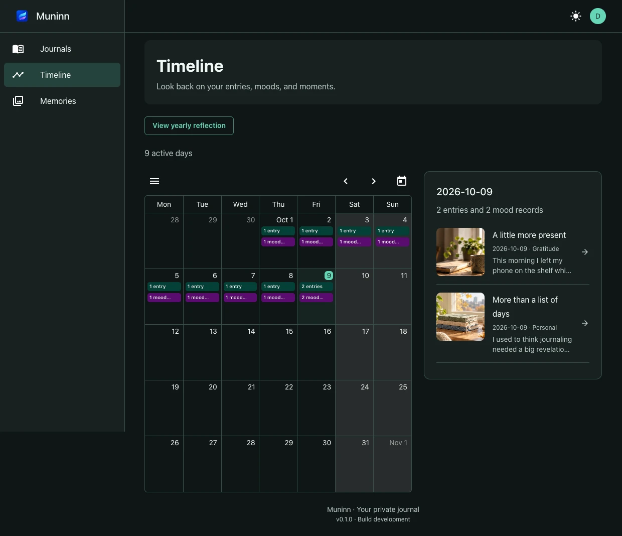 Muninn's October calendar with entry and mood indicators and two journal entries for the selected day